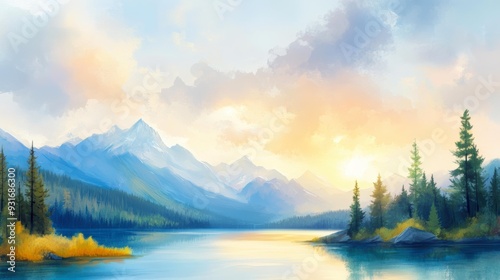 A serene landscape featuring a tranquil lake surrounded by pine trees against a backdrop of majestic mountains and a vibrant sunrise sky, perfect for nature, travel, or inspirational content,