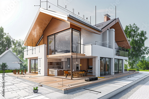 Projet de construction d'une maison d'habitation moderne d'architecte sous forme d'esquisse avec plan