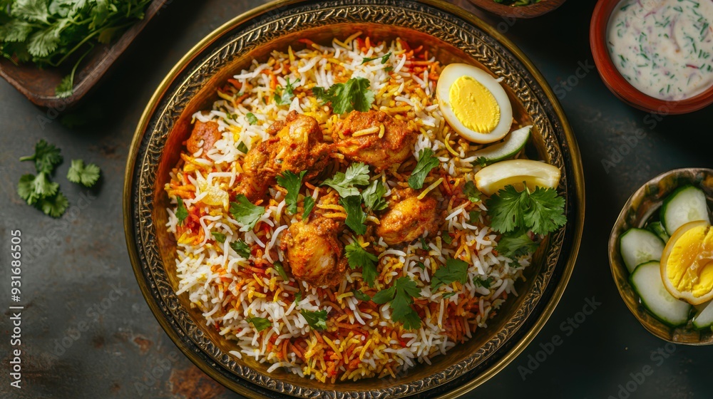 Delicious plate of chicken biryani garnished with fresh cilantro and boiled eggs, ideal for food blogs, restaurant menus, and culinary websites, Delicious plate of chicken biryani garnished with fresh cilantro and boiled eggs, ideal for food blogs, restaurant menus, and culinary websites,