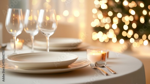 A table setting with plates, glasses and a candle on it, AI