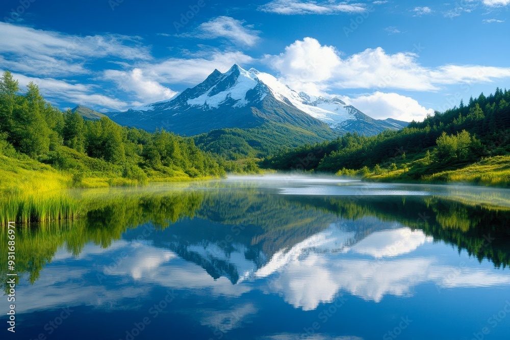 A serene lake reflects surrounding lush forest and mountainous peaks under a clear blue sky with scattered clouds, ideal for travel promotion, nature conservation campaigns, or relaxation content, A serene lake reflects surrounding lush forest and mountainous peaks under a clear blue sky with scattered clouds, ideal for travel promotion, nature conservation campaigns, or relaxation content,