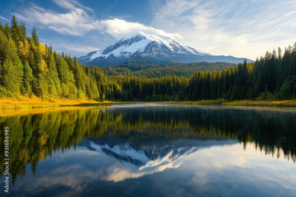 A serene mountain landscape with a snow-capped peak reflecting in a calm lake, surrounded by dense pine forests under a partially cloudy sky, Ideal for travel brochures, nature magazines A serene mountain landscape with a snow-capped peak reflecting in a calm lake, surrounded by dense pine forests under a partially cloudy sky, Ideal for travel brochures, nature magazines