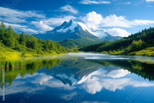 A serene lake reflects surrounding lush forest and mountainous peaks under a clear blue sky with scattered clouds, ideal for travel promotion, nature conservation campaigns, or relaxation content,