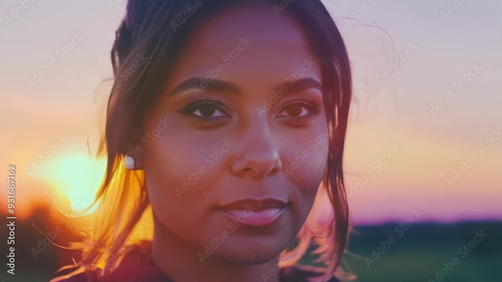 Young woman smiling in the warm sunset light, surrounded by nature's beauty, exuding peace and happiness Young woman smiling in the warm sunset light, surrounded by nature's beauty, exuding peace and happiness