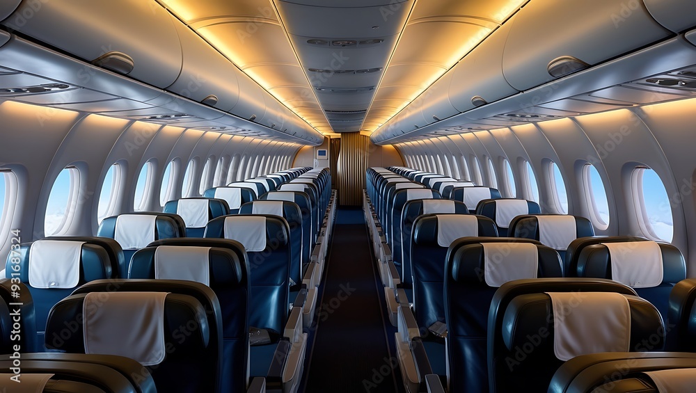 Fototapeta premium interior of an airplane - a cabin inside a commercial airline aircraft. futuristic, advertisement, aerial transport