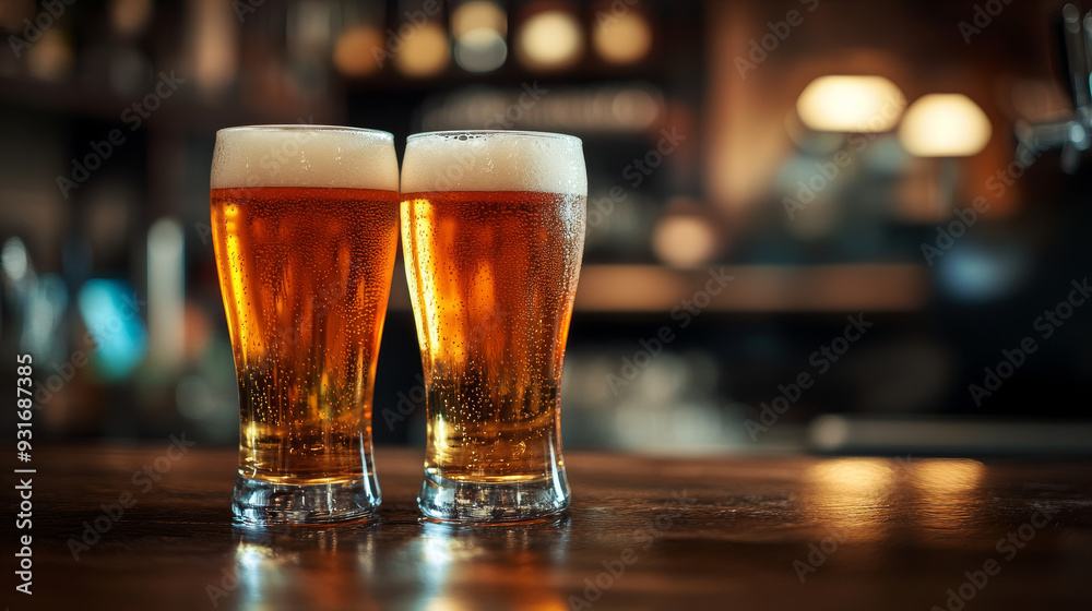 Two glasses of beer with foam and water droplets on a bar counter in a pub. --ar 16:9 --v 6.1 Job ID: e99fae51-b7aa-4516-828f-79c9259990ed