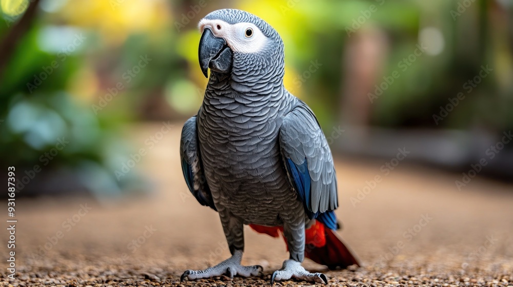 Fototapeta premium A Grey Parrot Standing on the Ground