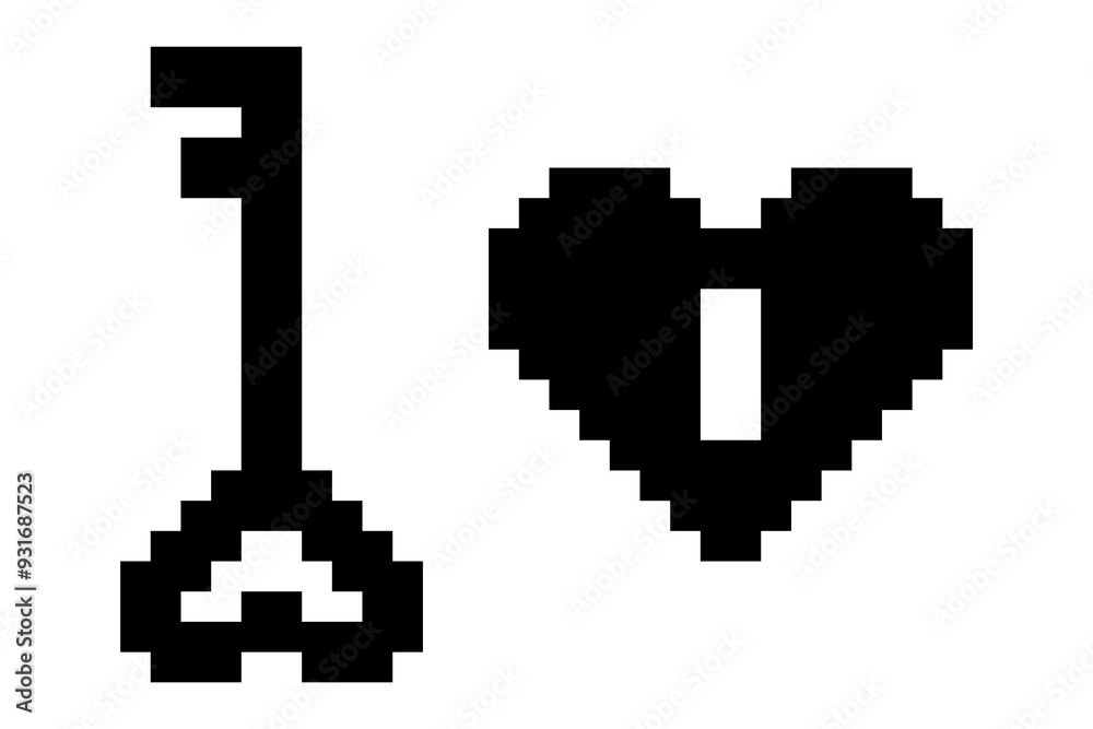 Obraz premium key and padlock heart shaped icon logo pixel art design. sticker cartoon pixel. romantic art style.