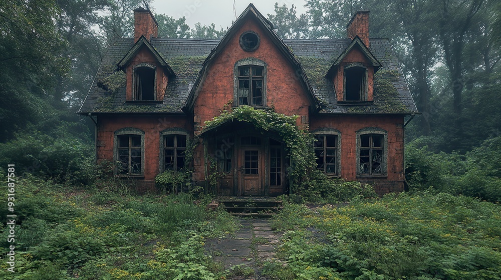 An old abandoned house with broken windows and overgrass An old abandoned house with broken windows and overgrass