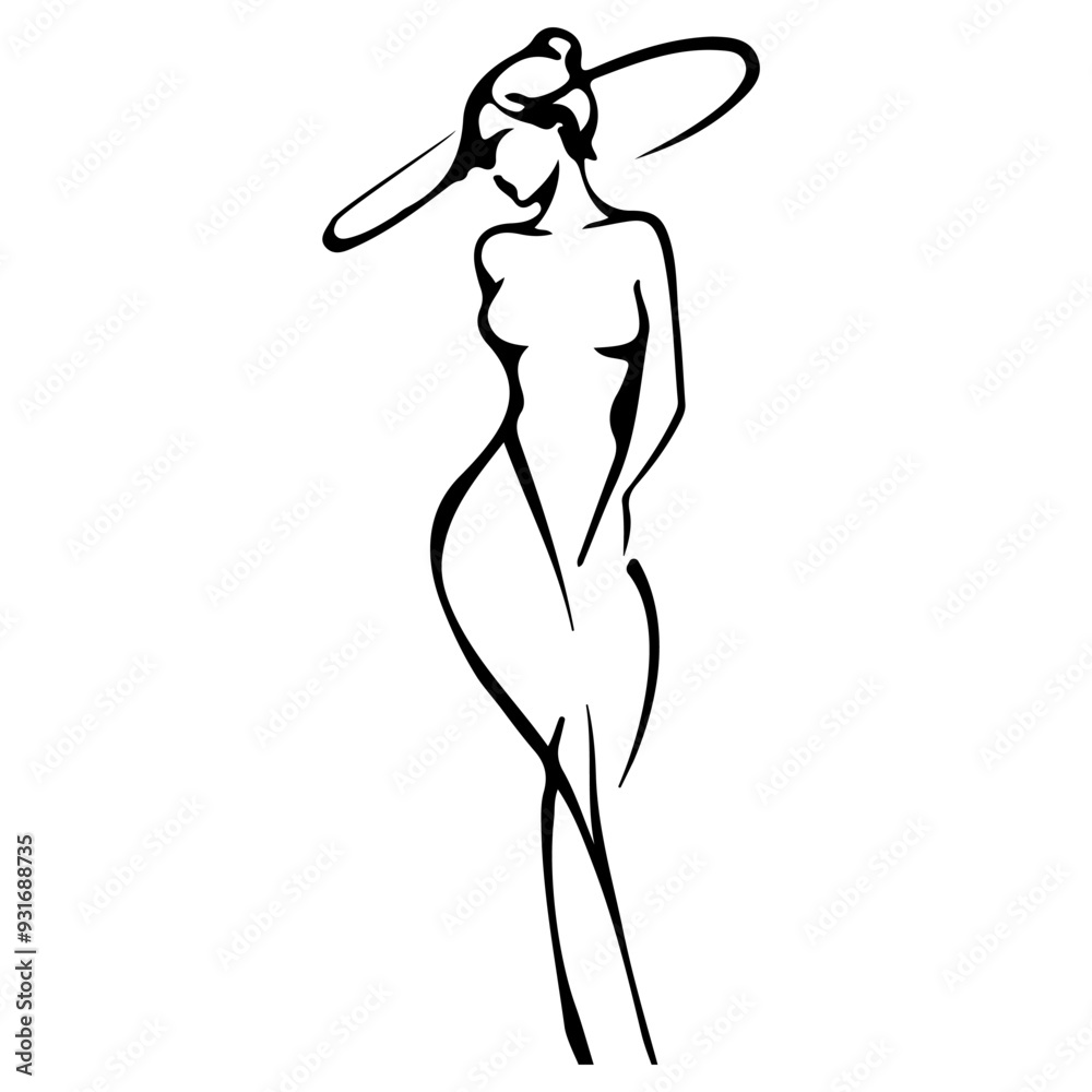 Elegant Woman Silhouette Sketch Line Drawing. Vector Minimal Female Figure with Hat. Elegant Female Dress Line Art Silhouette. Woman Sketch Illustration. Trendy Contour Drawing for Fashion Design Elegant Woman Silhouette Sketch Line Drawing. Vector Minimal Female Figure with Hat. Elegant Female Dress Line Art Silhouette. Woman Sketch Illustration. Trendy Contour Drawing for Fashion Design