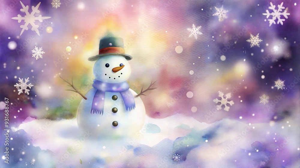 Fototapeta premium Charming Watercolor Snowman in Purple Snowy Night with Sparkling Snowflakes