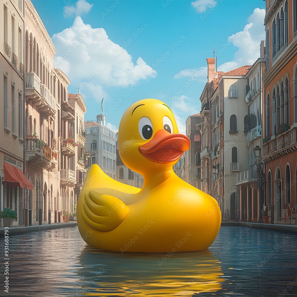 Anime-style illustration featuring a huge yellow rubber duck floating ...