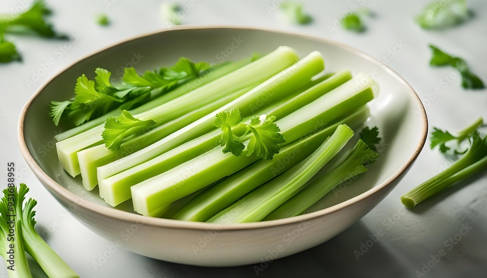 Celery stalk cut into pieces in a bowl. Vegan food. Free space for text. Celery stalk cut into pieces in a bowl. Vegan food. Free space for text.
