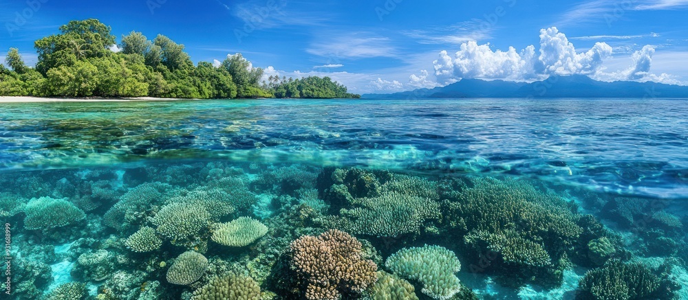 Fototapeta premium Tropical Island Paradise with Crystal Clear Waters and Coral Reef