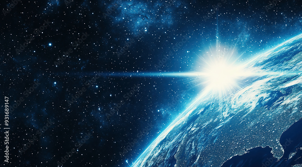 Fototapeta premium Blue Planet Earth In Space With Starry Sky And Sun Rays, Space Background, Universe, Galaxy, Cosmos.