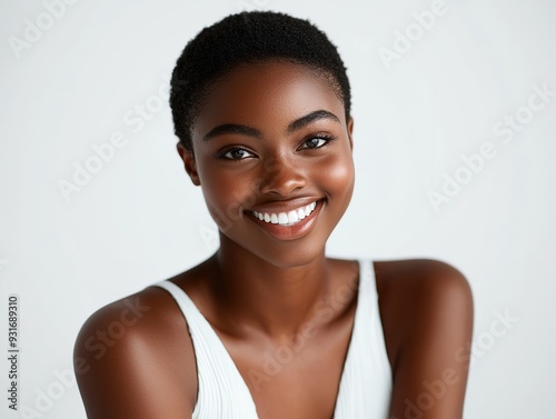 Radiant 20-Year-Old American Black Woman in White Outfit, Joyful Smile and Confident Pose, Exuding Youthful Charm in a Pure White Background Portrait