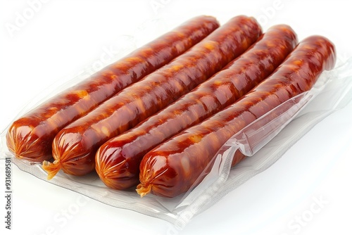 ** Four smoked sausages vacuum-sealed and ready for purchase, featuring glossy casings in a clear plastic pack. photo