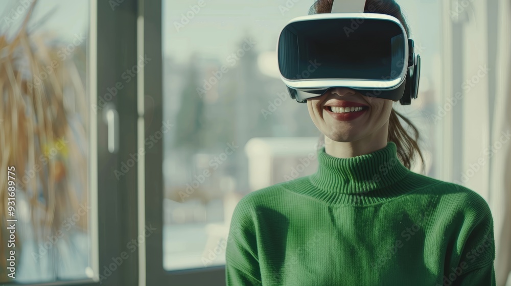 Smiling businesswoman in green sweater is wearing vr helmet. Digital interface in 3d glasses. Concept of future technology, interaction and entertainment playing game in virtual reality Smiling businesswoman in green sweater is wearing vr helmet. Digital interface in 3d glasses. Concept of future technology, interaction and entertainment playing game in virtual reality