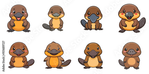 Illustration of multiple cute platypus, black outline