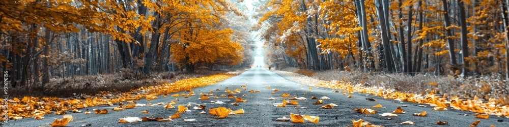 Autumn Landscape with Yellow Leaves Along an Empty Asphalt Road Autumn Landscape with Yellow Leaves Along an Empty Asphalt Road