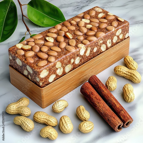 Peanut and cinnamon bar box, warm and spicy design, 3D illustration