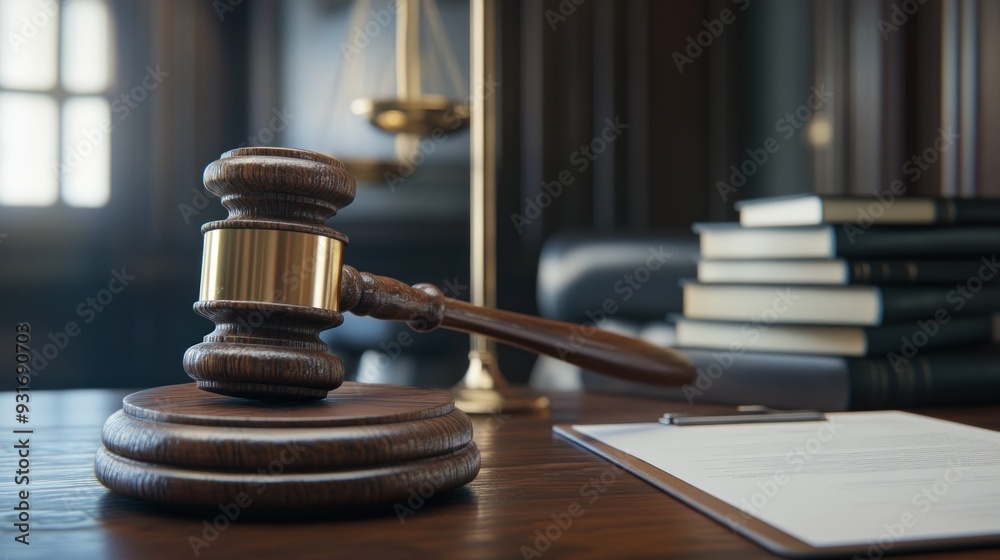 Gavel on a Wooden Table in a Courtroom Gavel on a Wooden Table in a Courtroom