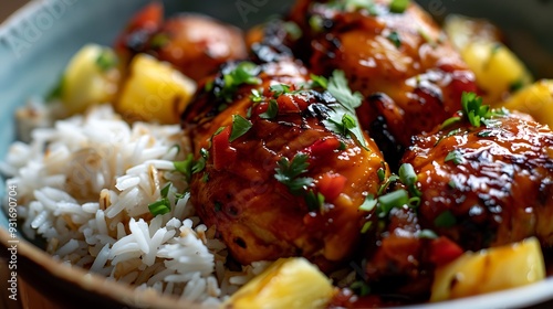 Homemade hawaiian huli chicken with pIneapple and rice