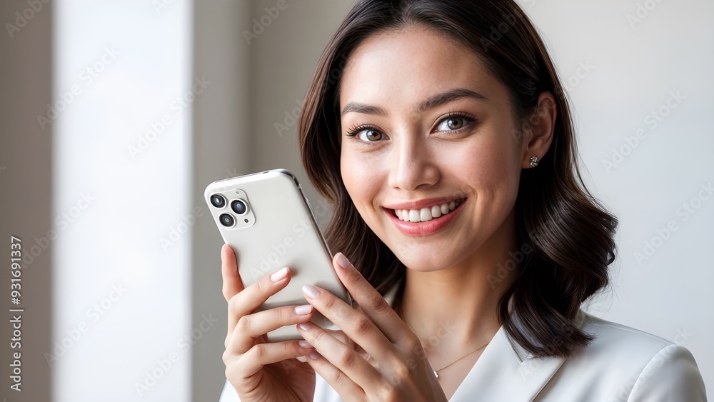 elegant asian woman holding a smartphone in her hands and smiling while looking at the camera elegant asian woman holding a smartphone in her hands and smiling while looking at the camera