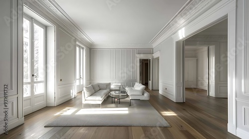 Interior rooms in an elegant home that has been completely remodelled walls are painted white and shades of grey