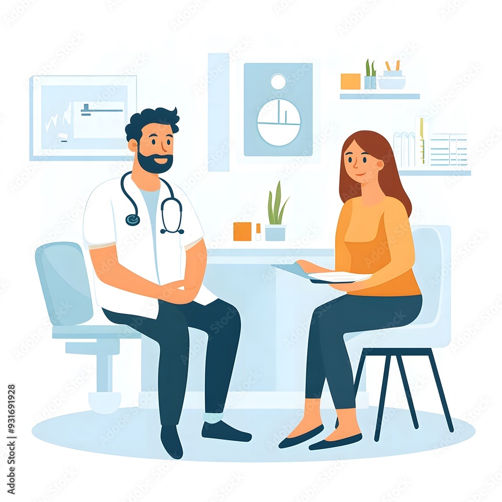 Flat illustration of a patient at a doctor appointment, depicting a medical visit in a clean, simple style. Flat illustration of a patient at a doctor appointment, depicting a medical visit in a clean, simple style.