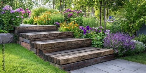 Serene Garden Pathway with Wooden Steps and Flowers