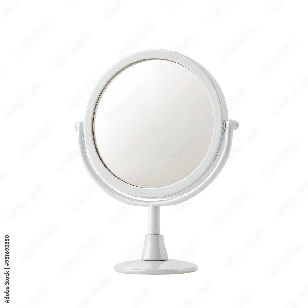 A white, round tabletop mirror isolated on a white background. The mirror has a simple, modern design. A white, round tabletop mirror isolated on a white background. The mirror has a simple, modern design.