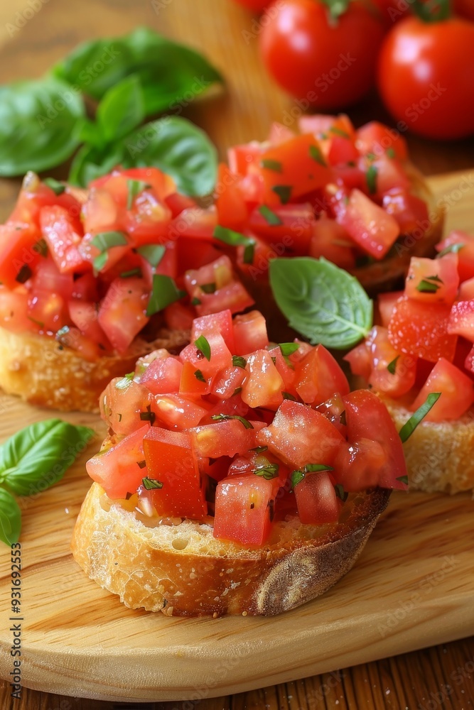 Three Slices of French Bread Topped With Diced Tomato and Basil Bruschetta on a Wooden Cutting Board Three Slices of French Bread Topped With Diced Tomato and Basil Bruschetta on a Wooden Cutting Board