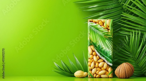 Peanut and coconut bar box, tropical design with palm leaves, 3D illustration