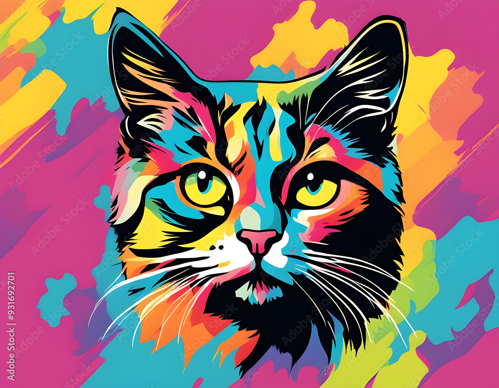 Obraz premium colorful cat head with cool isolated pop art style background