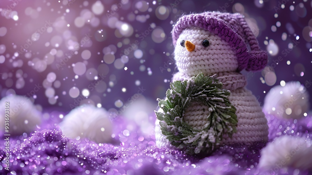Obraz premium Knitted snowman with christmas wreath on purple snow