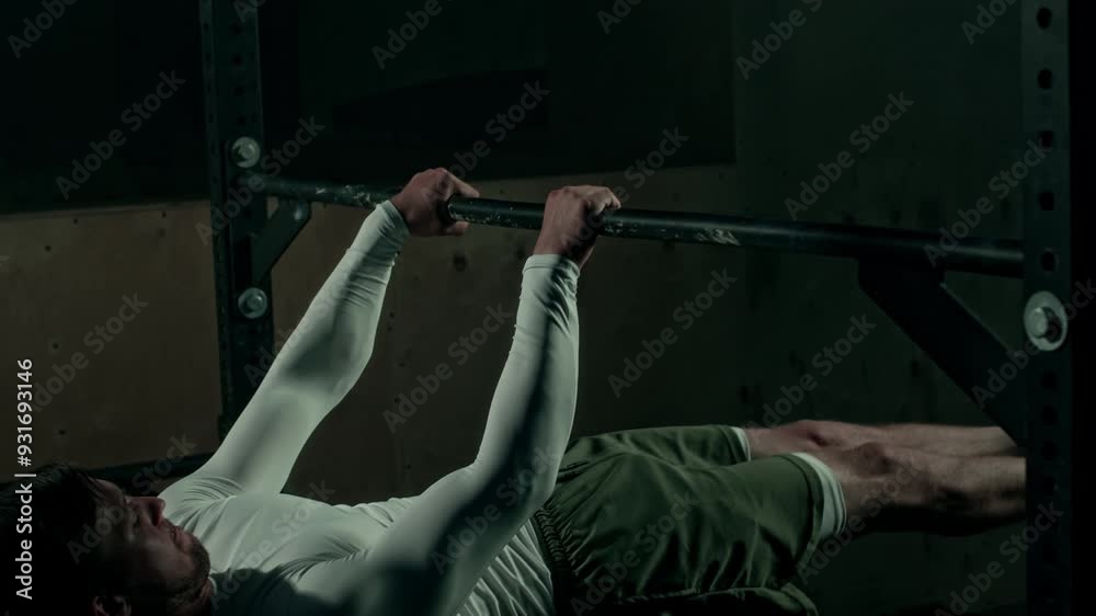 Strong Caucasian male athlete performing full front lever exercise at gym, gripping bar with both hands and hanging with his body totally extended