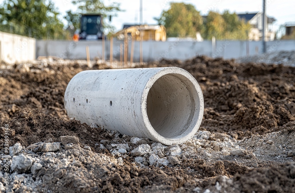 A row of concrete drainage pipes is seen on a construction site next to a ditch. An aligned sewage water system is built from concrete pipes. A row of concrete drainage pipes is seen on a construction site next to a ditch. An aligned sewage water system is built from concrete pipes.