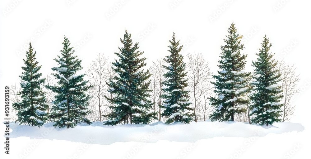 Fototapeta premium Snow-covered spruce tree forest during Winter Christmas time. Modern illustration in duotone.