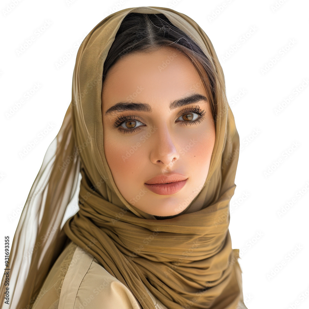 A young woman with dark hair and brown eyes wears a light brown hijab. Her gaze is soft and confident. A young woman with dark hair and brown eyes wears a light brown hijab. Her gaze is soft and confident.