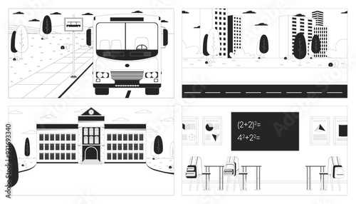 Educational facility in city black and white line illustrations set. Bus stop, math classroom 2D cityscapes, interior monochrome backgrounds. Back to school outline vector images collection
