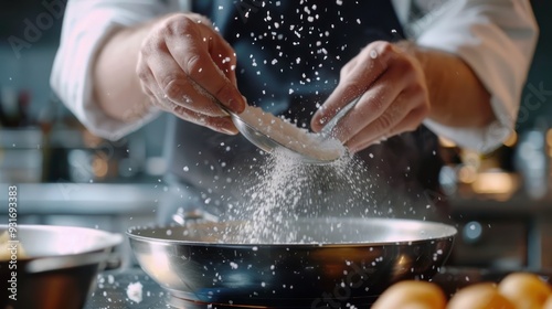 Chef Dusting Flour Over Pan