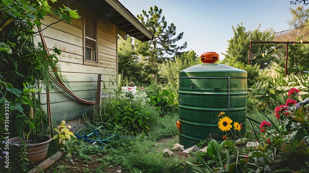 Naklejka premium Large round green rain barrel behind the house
