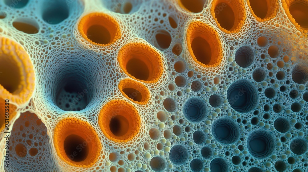 Microscopic examination reveals intricate patterns and vibrant colors within a unique biological structure from an aquatic habitat Microscopic examination reveals intricate patterns and vibrant colors within a unique biological structure from an aquatic habitat