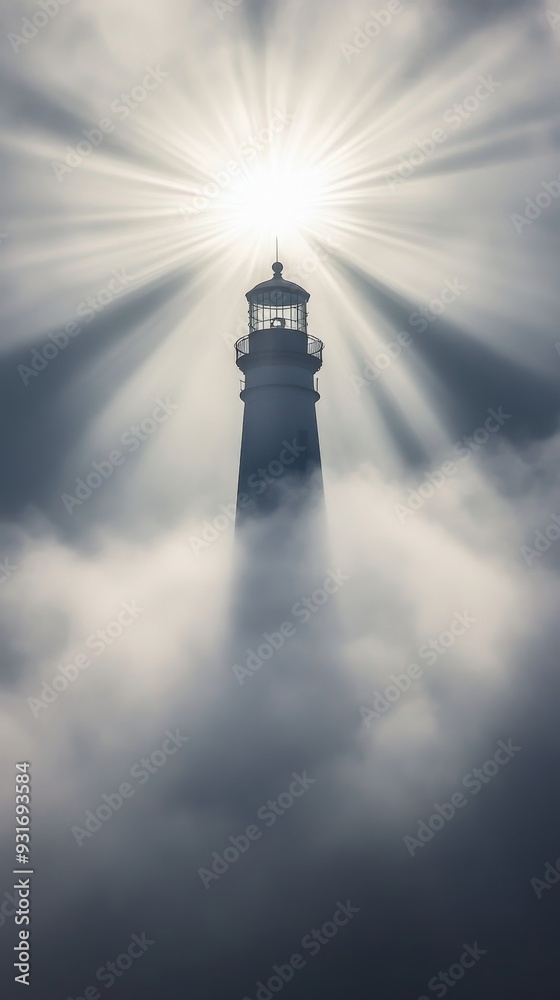 Lighthouse shining through fog with sun rays Lighthouse shining through fog with sun rays