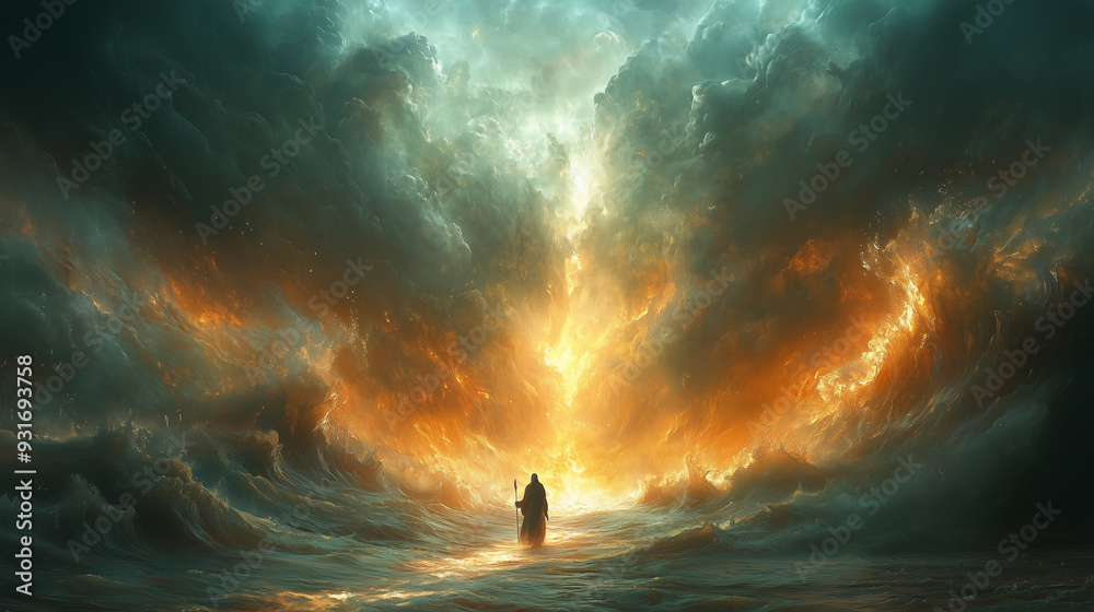 A powerful image of Moses parting the Red Sea, with towering waves and dramatic lighting. A powerful image of Moses parting the Red Sea, with towering waves and dramatic lighting.