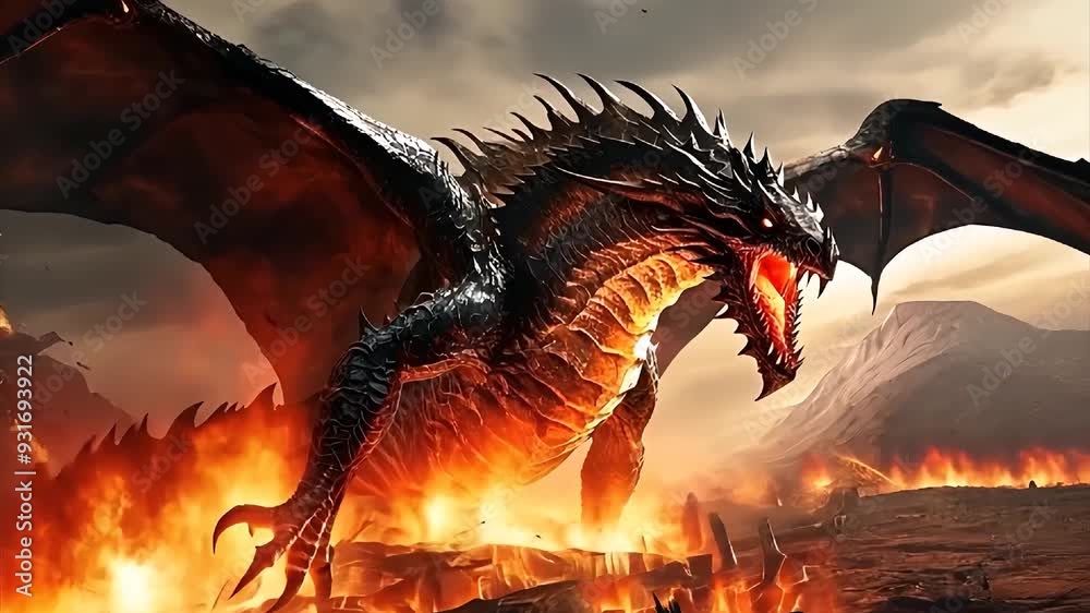 Dragon Spreading wings Fire fantasy War Dark Clouds sky Dragon Spreading wings Fire fantasy War Dark Clouds sky