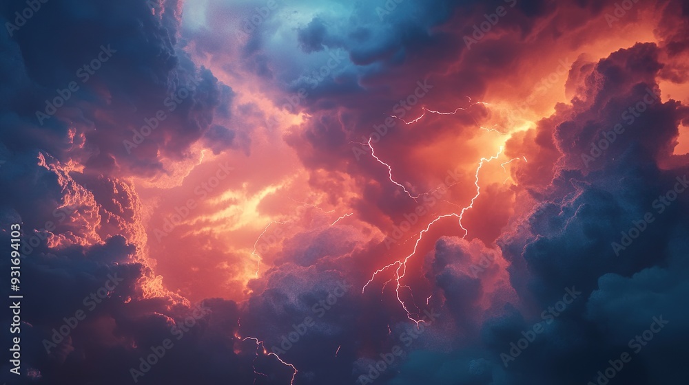 Stunning Thunderstorm Overhead with Intense Lightning Bolts, Captivating Pinpoint Light Illuminating Dark Clouds. Nature's Fury and Majestic Power Displayed. Stunning Thunderstorm Overhead with Intense Lightning Bolts, Captivating Pinpoint Light Illuminating Dark Clouds. Nature's Fury and Majestic Power Displayed.