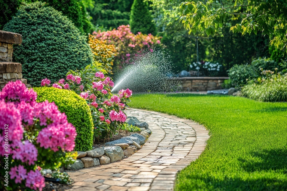 Watering system for lawn hills and fruit garden with smart autonomous sprayers, irrigated with smart sprinklers at sunset and evening. Watering system for lawn hills and fruit garden with smart autonomous sprayers, irrigated with smart sprinklers at sunset and evening.