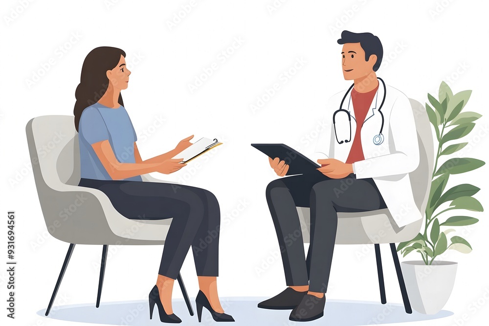 Illustration of a psychiatrist and her patient sitting on chairs during a therapy session. Illustration of a psychiatrist and her patient sitting on chairs during a therapy session.